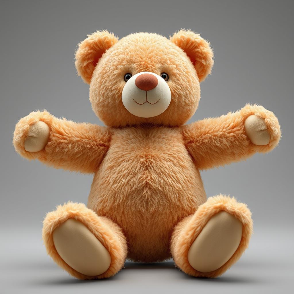 A hyper-realistic teddy bear with its arms and legs stretched in various directions, captured in a high-quality photographic style