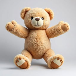 A hyper-realistic teddy bear with its arms and legs stretched in various directions, captured in a high-quality photographic style