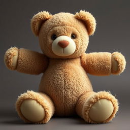 A hyper-realistic teddy bear with its arms and legs stretched in various directions, captured in a high-quality photographic style