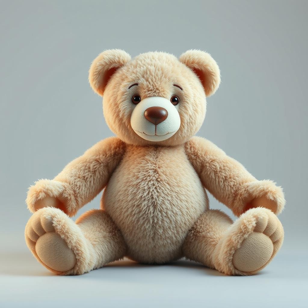 A hyper-realistic teddy bear with its arms and legs stretched in various directions, captured in a high-quality photographic style