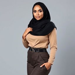 A confident woman wearing a stylish hijab paired with modern, fashionable attire that tastefully accentuates her curves