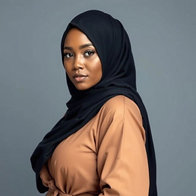 A confident woman wearing a stylish hijab paired with modern, fashionable attire that tastefully accentuates her curves