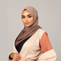 A confident woman wearing a stylish hijab paired with modern, fashionable attire that tastefully accentuates her curves