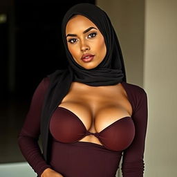 A woman in a tight hijab outfit, exuding allure with a seductive pose