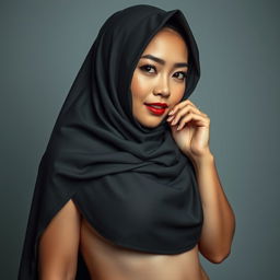 A Japanese woman with a voluptuous figure, alluring and confident, wearing a hijab that contrasts with her nude body