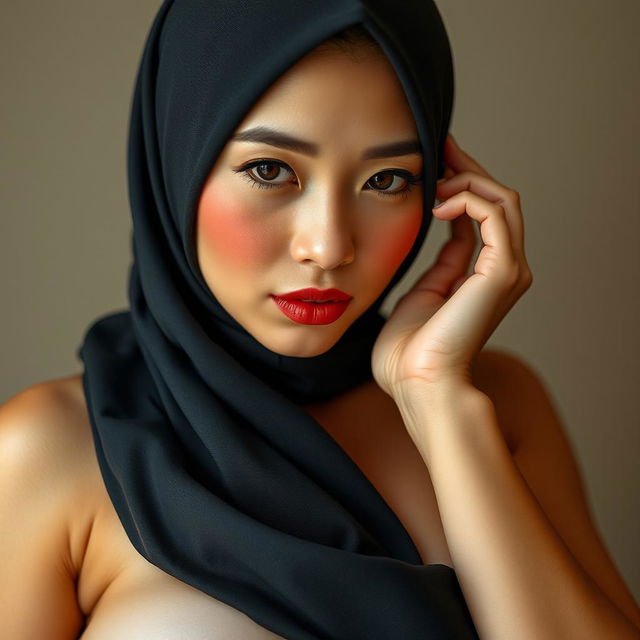 A Japanese woman with a voluptuous figure, alluring and confident, wearing a hijab that contrasts with her nude body