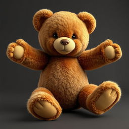 A hyper-realistic image of a 2D Mochamad brown teddy bear with its arms and legs stretched in various directions