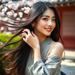 A beautifully confident Japanese woman with natural beauty and a graceful posture