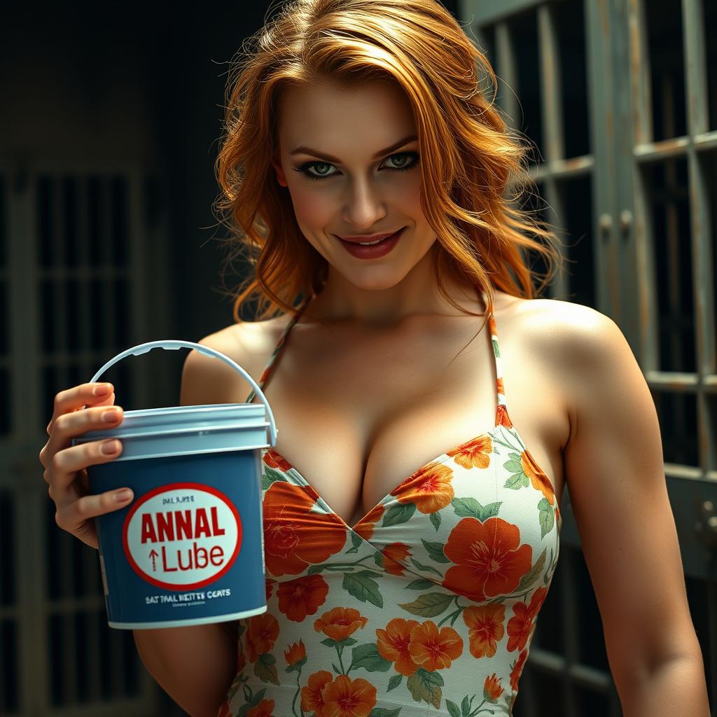 Close-up torso shot of a gorgeous redhead female wearing a floral pattern sundress that accentuates her large chest