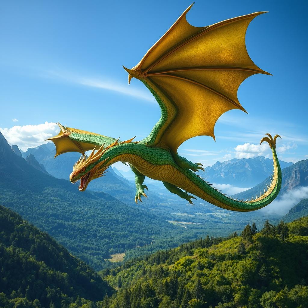 A majestic and powerful dragon soaring through the sky, its scales shimmering in vibrant hues of emerald and gold