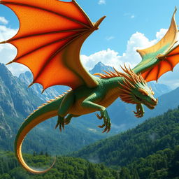 A majestic and powerful dragon soaring through the sky, its scales shimmering in vibrant hues of emerald and gold