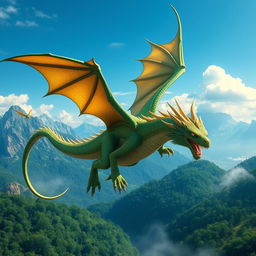 A majestic and powerful dragon soaring through the sky, its scales shimmering in vibrant hues of emerald and gold