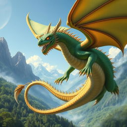 A majestic and powerful dragon soaring through the sky, its scales shimmering in vibrant hues of emerald and gold