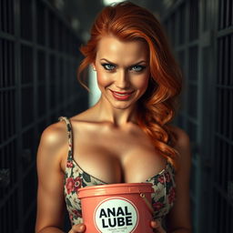 A close-up shot of a gorgeous redheaded woman with a sly, mean smile