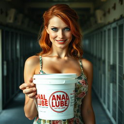 A close-up shot of a gorgeous redheaded woman with a sly, mean smile