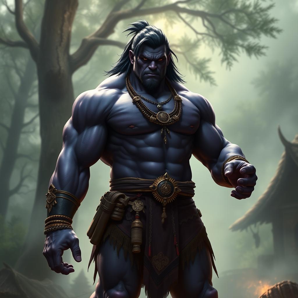 A towering half-orc with dark purple skin, standing confidently and exuding an aura of strength and resilience