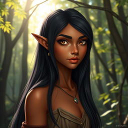 A striking half-elf with hazel eyes that twinkle with curiosity and intelligence