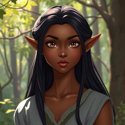 A striking half-elf with hazel eyes that twinkle with curiosity and intelligence