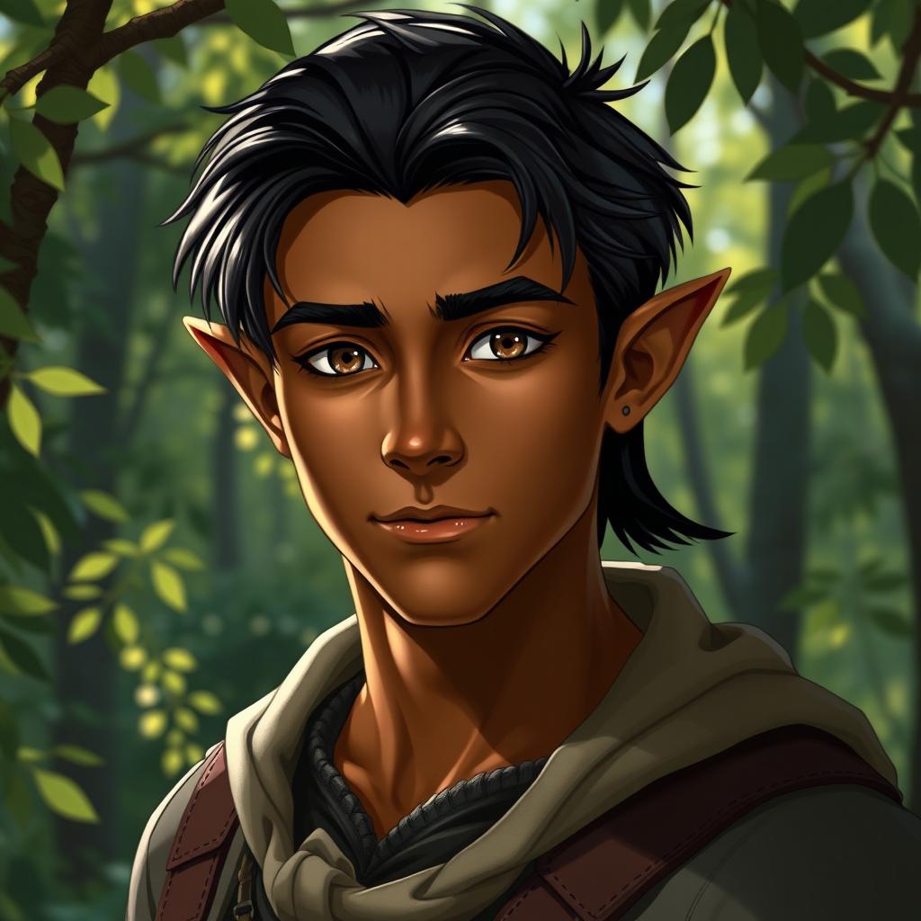 A handsome half-elf male with twinkling hazel eyes full of curiosity and intellect