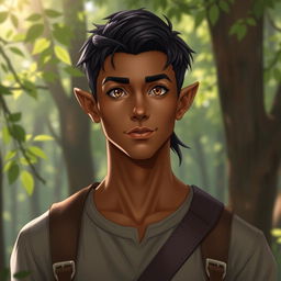 A handsome half-elf male with twinkling hazel eyes full of curiosity and intellect