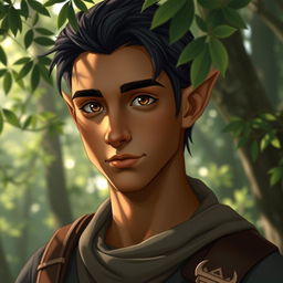 A handsome half-elf male with twinkling hazel eyes full of curiosity and intellect