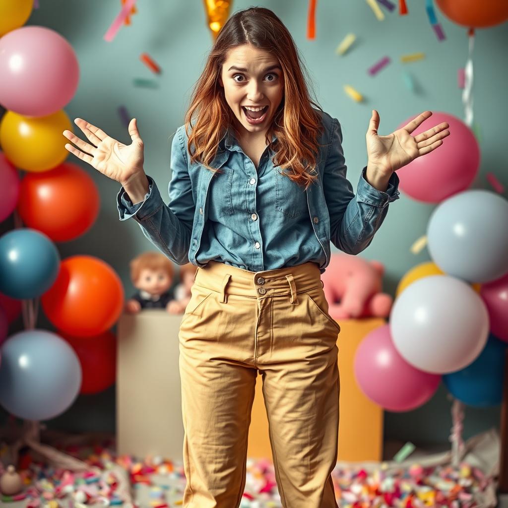 A surprised young woman standing with her trousers unexpectedly falling around her ankles, revealing her colorful, patterned panties