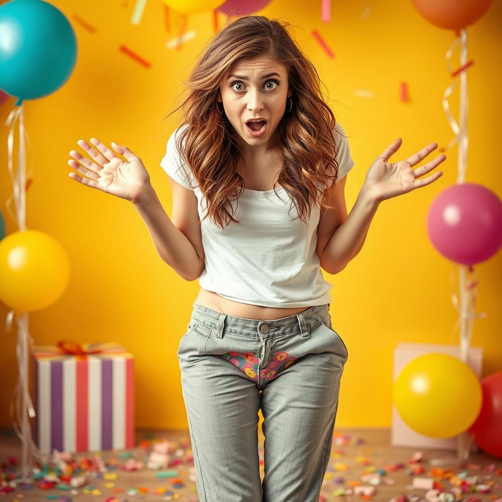 A surprised young woman standing with her trousers unexpectedly falling around her ankles, revealing her colorful, patterned panties