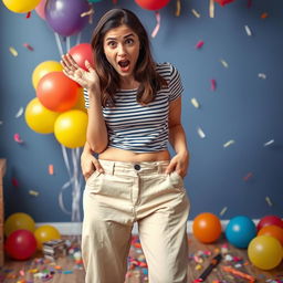 A surprised young woman standing with her trousers unexpectedly falling around her ankles, revealing her colorful, patterned panties