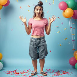 A surprised young woman standing with her trousers unexpectedly falling around her ankles, revealing her colorful, patterned panties