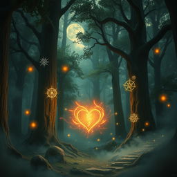 A mystical and enchanting scene featuring magical elements like a glowing heart surrounded by shimmering light spells and floating arcane symbols, set in a mysterious forest with tall ancient trees, dappled moonlight filtering through the leaves, and ethereal mist weaving through the air, creating an atmosphere of wonder and mystery