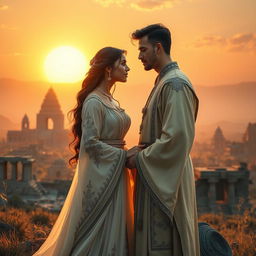 A romantic scene depicting a couple in traditional ancient attire standing in a mysterious ancient land