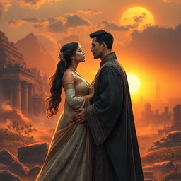 A romantic scene depicting a couple in traditional ancient attire standing in a mysterious ancient land