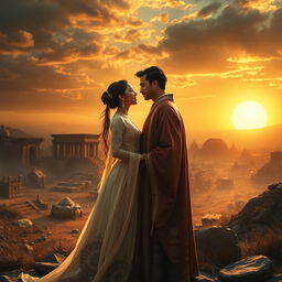 A romantic scene depicting a couple in traditional ancient attire standing in a mysterious ancient land