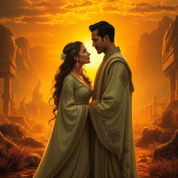 A romantic scene depicting a couple in traditional ancient attire standing in a mysterious ancient land