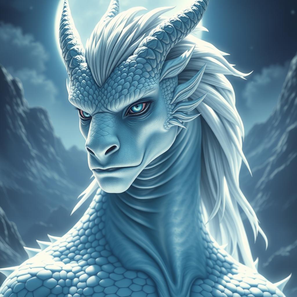 A noble dragonborn male with striking silver-white skin and mesmerizing silver-blue eyes that reflect wisdom and ancient power