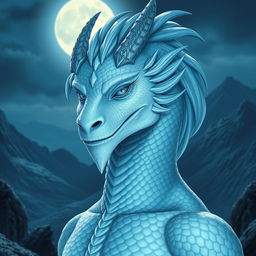 A noble dragonborn male with striking silver-white skin and mesmerizing silver-blue eyes that reflect wisdom and ancient power