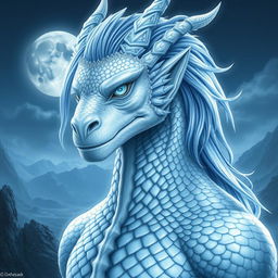 A noble dragonborn male with striking silver-white skin and mesmerizing silver-blue eyes that reflect wisdom and ancient power