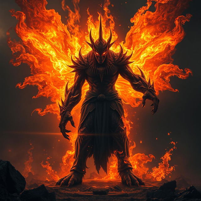 A fearsome god enveloped in frenzied flames, exuding a terrifying aura of eternal power