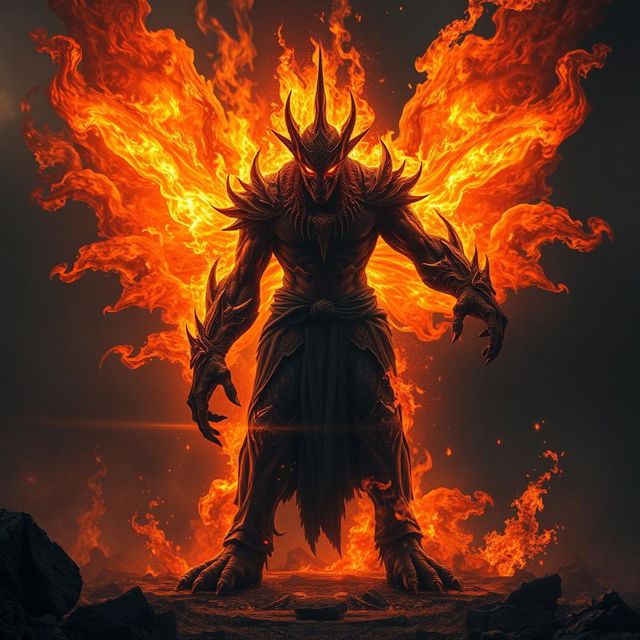 A fearsome god enveloped in frenzied flames, exuding a terrifying aura of eternal power