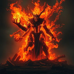 A fearsome god enveloped in frenzied flames, exuding a terrifying aura of eternal power