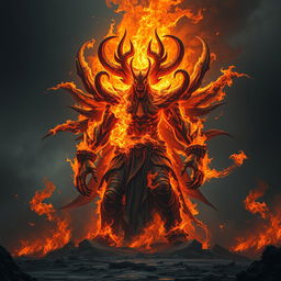 A fearsome god enveloped in frenzied flames, exuding a terrifying aura of eternal power