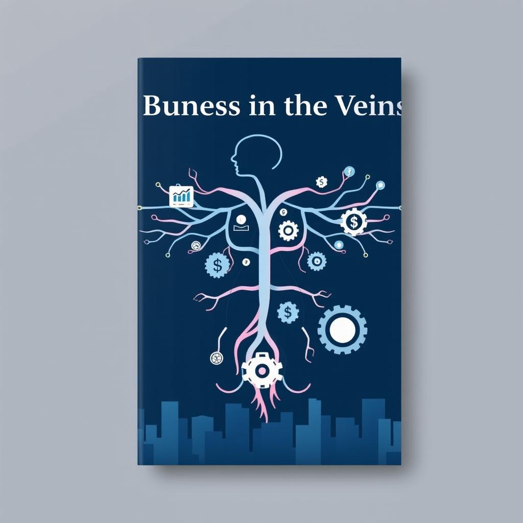 An e-book cover design titled "Business in the Veins", featuring a stylized, symbolic representation of a human circulatory system intertwined with key business elements such as graphs, dollar signs, and gears