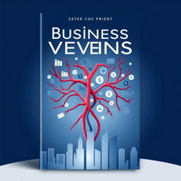 An e-book cover design titled "Business in the Veins", featuring a stylized, symbolic representation of a human circulatory system intertwined with key business elements such as graphs, dollar signs, and gears