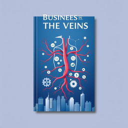 An e-book cover design titled "Business in the Veins", featuring a stylized, symbolic representation of a human circulatory system intertwined with key business elements such as graphs, dollar signs, and gears