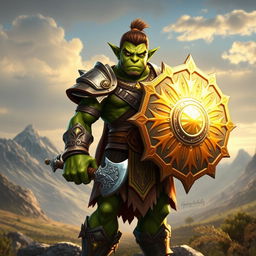 A young, muscular orc paladin, standing proudly in a heroic pose