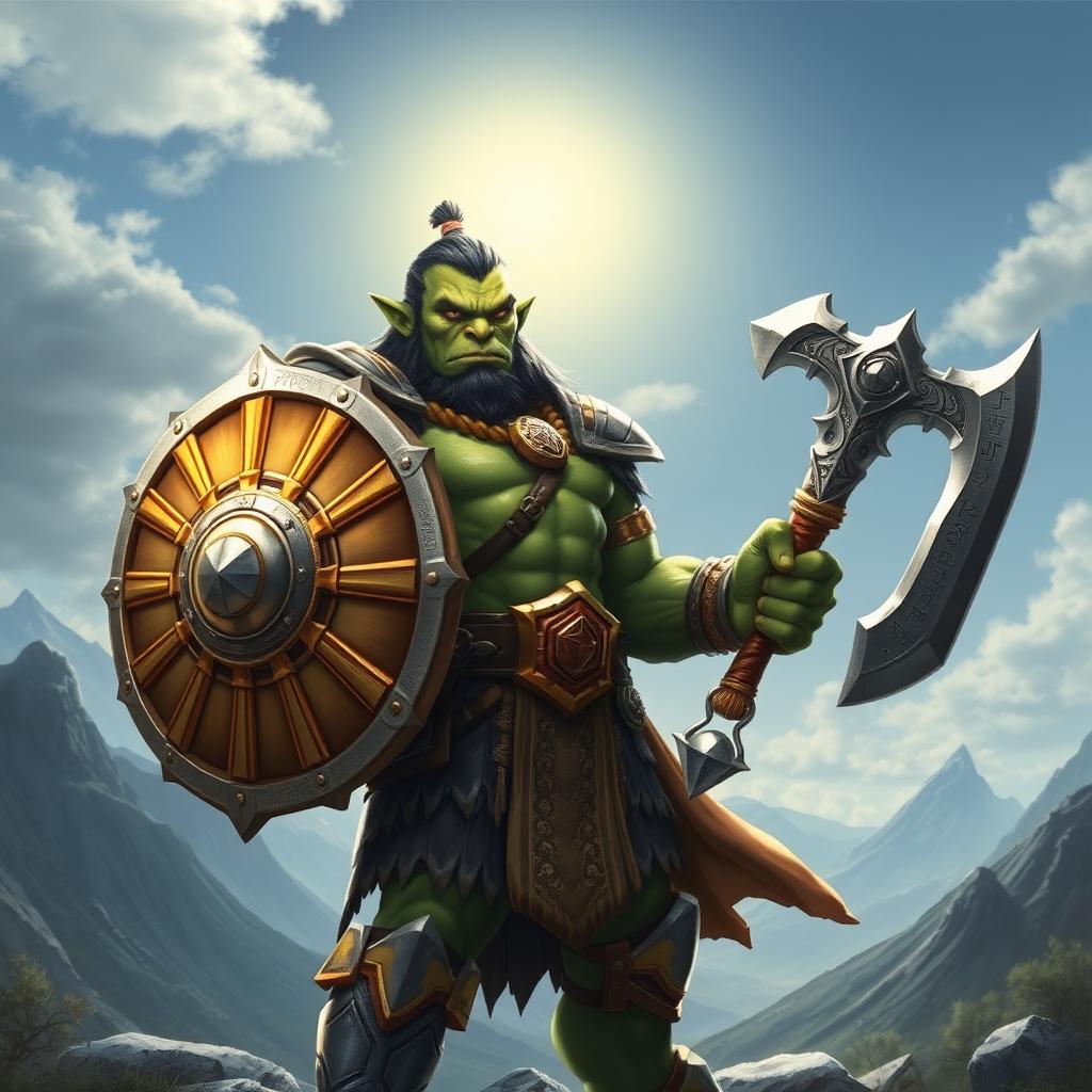 A young, muscular orc paladin, standing proudly in a heroic pose