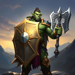 A young, muscular orc paladin, standing proudly in a heroic pose