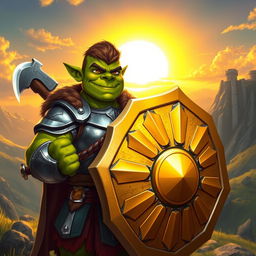 A young, muscular orc paladin with a dopey smile, proudly holding a sunray shield and wielding a silver axe