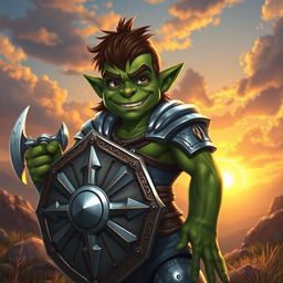 A young, muscular orc paladin with a dopey smile, proudly holding a sunray shield and wielding a silver axe