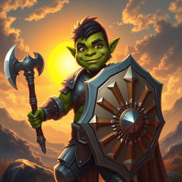 A young, muscular orc paladin with a dopey smile, proudly holding a sunray shield and wielding a silver axe